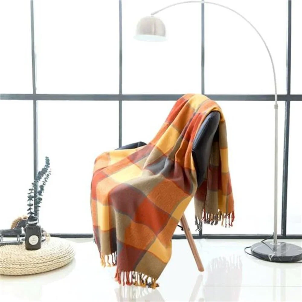 Classic Home Throw Blanket -Reversible Acrylic, Cozy Plaid Fringe, 50x67, Pumpkn